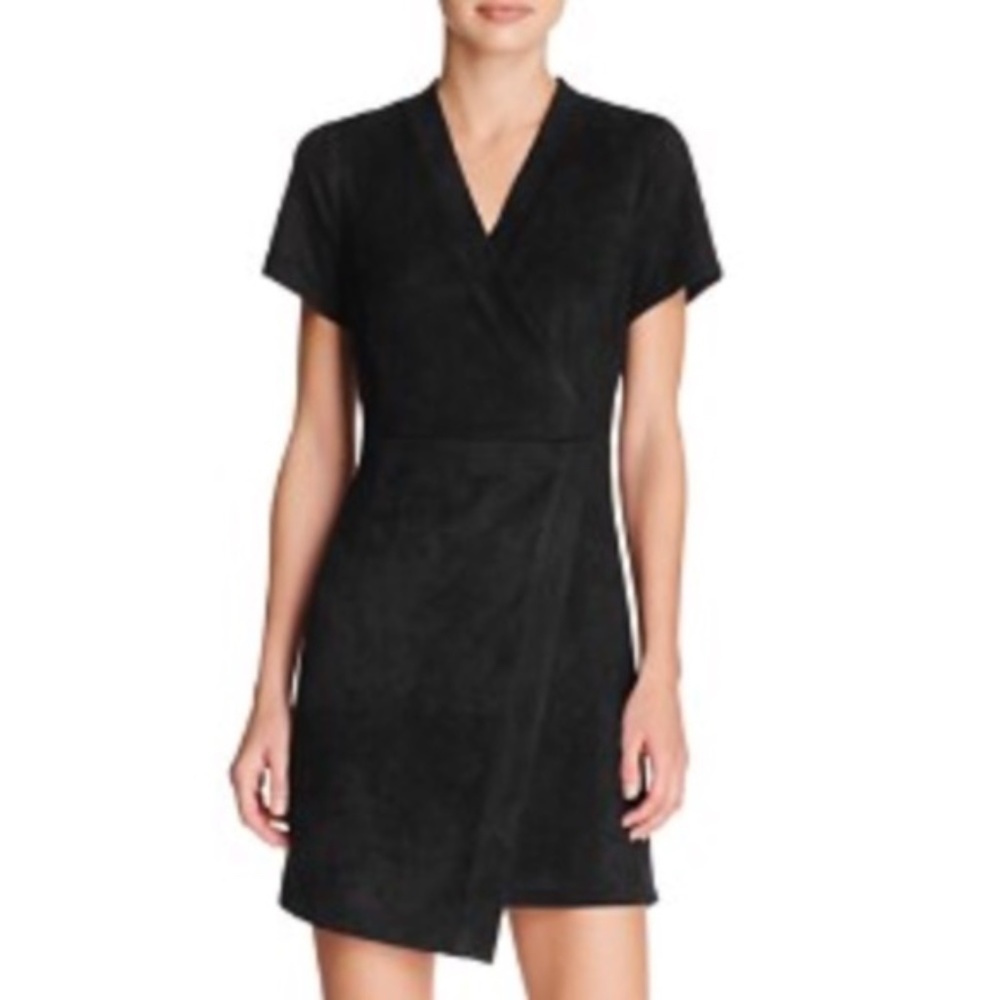 Aqua Faux Suede Asymmetric Faux Wrap Black Dress Medium